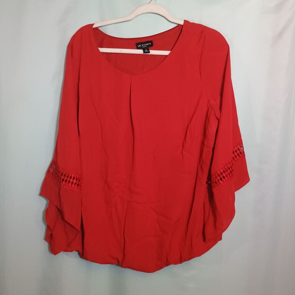 i.n.Studio Women’s Red Blouse – 3/4 Bell Sleeve Crochet Trim Top